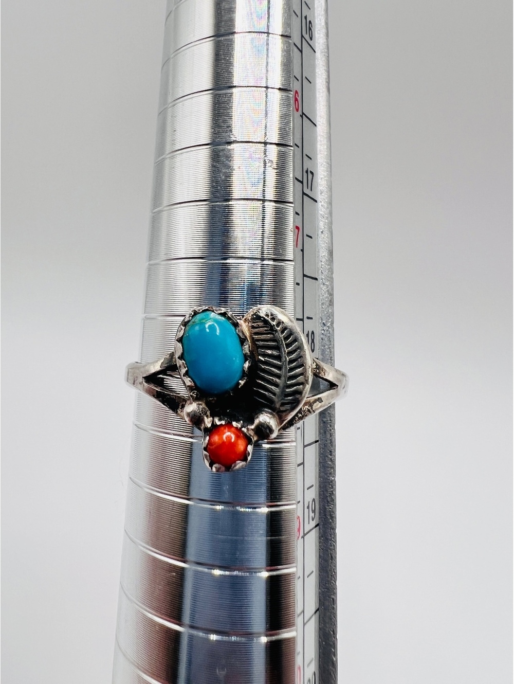 Vintage 925 Sterling Silver Turquoise Coral Leaf Ring Size 8 Southwestern